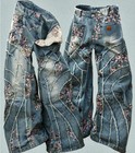 Women s Blue Denim Jeans Floral Straight Leg Casual Pants Retro Tassels Punk New