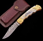 Hand Made Forged Damascus Steel Folding Pocket Knife With Leather Sheath 1528