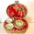 Vintage Chinese Portable Tea Set In Padded Wicker Basket