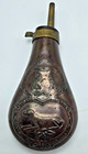 Vintage Embossed Copper   Brass Gun Powder Flask   Hunting Dog - Turkeys