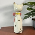 Vintage Japan Ceramic Cat Figurine Pink Bow Green Eyes Crackle Glaze 5  Tall