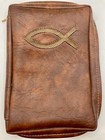 Vintage 80s Bible Cover Zip Cover W Cross Pull Brown Vinyl Fish Nice 