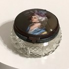 Antique Small Glass Vanity Powder Jar W  Puff Hinged Lady Portrait Lid   Issues