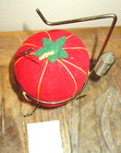 Vintage Sewing Velvet Tomato Pin Cushion Seamstress Thimble Holder Metal Stand