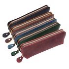 Handmade Cowhide Leather Vintage Zipper Pen Pencil Case Stationery Storage Bag