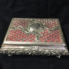 Vtg Footed Metal Jewelry Trinket Box Silver Tone Filigree Red Velvet Lined Japan