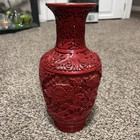 Vintage Chanese Cinnabar Vase -hand Carved Blue Enamel Red Cinnabar Oriental 10   