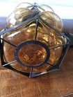 Mid Century Modern Amber Crackled Caged Bubble Glass Hanging Swag Lamp
