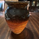 1930   s Bohemian Czech Art Glass Vase- Orange  Yellow brown  Black Banded Swirl