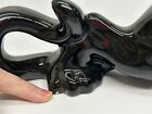 Vtg Mcm Ceramic Stalking Black Panther Statue Figurine 14  Long Green Jewel Eyes
