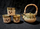5 Pc Rare Soma Ware Drip Glaze Double Wall Mugs   Teapot Bamboo Handle Tan Green