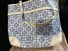 Coach Blue beige Signature Canvas Zip-top Tote Leather Trim Silver Hardware