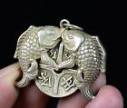 4cm Rare Old China Miao Silver Feng Shui Double Fish Luck Necklace Pendant