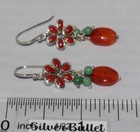 Sterling Silver Orange Coral Flower Turquoise Beaded Dangle Earrings 