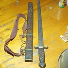 Old Ceremonial Asian Blade Wood Handle Full Tang W  Carved Sheath   Strap