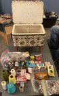 Vintage Redmon Sewing Storage Stool Filled With Materials   buttons  Pins  Thread