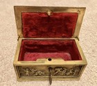 Antique Brass Bronze Sewing Thimble Scissor Casket Scenic Lock Box With Key