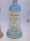 2 Hand Blown Glass Bottle Vase Decanter  Blue   Pink Enamel W gold Accents Paint