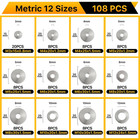 108pcs 304 Stainless Steel Flat Washers  Fender Washers Assortment Kit 12 Sizes