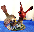 Cardinal Pair Male   Female Perched On Branches With Flowers Figurine