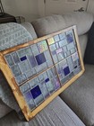 Vntg Geometric Leaded Stained Glass Window Panel Architectural Salvage Wood Fram