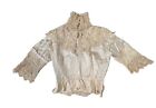 Antique Victorian Cream Lace High Collar Blouse Bodice With Black Velvet Bow Xs