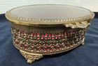Vtg Gold Tone Ormolu Filigree Beveled Glass Jewelry Box Footed Casket Trinket