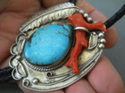 Southwestern Native American Navajo Turquoise Branch Coral Sterl Silver Bolo Tie