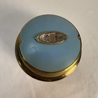    Vintage Art Deco Pink Glass Powder Jar Brass Enamel Lid