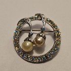 Lot Of 3 Silver Tone Rhinestone Brooch Pins Flower   Faux Pearl Dangle Rounds