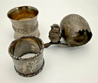 Antique Lot Of  Three Silver Plated Etched Napkin Holders Bird Figural   Round