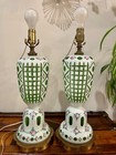 Pair Of Large Antique Cut To Clear Bohemian Czech Crystal Floral Green Lamp