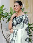 Presenting New White Linen Cotton Saree With Blouse For Women Party Wear