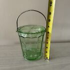 Vintage Depression Glass Green Etched Art Deco Ice Bucket With Metal Handle