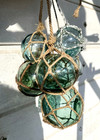 Vintage Japanese Glass Fishing Floats     Set Of 6     Green   Aqua-green With Rope