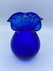 Vintage Cobalt Blue Vase Ribbed Body Ruffled Edge Rim Mcm