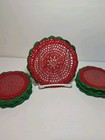 Set 12 Vintage Plastic  Hand Crocheted Covered 3   Coasters Red   Green