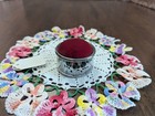 Vtg usa  towle  Silverplated Metal  pin Cushion  sewing Kit W red Velvet Top Lid