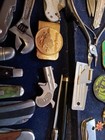 Mens Vintage Junk Drawer Lot 29 Piece Knives Pins Scissors Money Clip Nice Lot