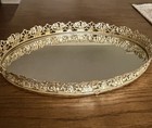 Vintage Hollywood Regency Gold Filigree Mirrored Vanity Tray Oval Perfume Makeup