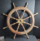 36  Ships Helm Solid Wood W  Brass 8 Spoke Teak  Vguc