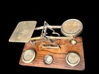 Antique Victorian Wood Brass Postal Office Balance Scale With 3 Brass Weights