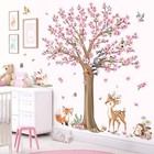  Woodland Animals Large Flower Tree Wall Decals Cherry Blossom Deer Fox Pink