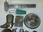 Junk Drawer Lot Folding Pocket Knives Paperweight  Lighter  Car Emblem  Tokens