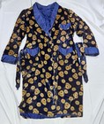 Vtg Mcm Men Velvet Robe Smoking Jacket Dressing Gown Satin Lined Blue Floral Xl