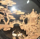 Vintage Chinese Carved Cork Art Diorama   Black Lacquer Cranes Pagoda
