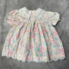 Vintage Baby Girl Floral Lace Bib Dress Pink Pastel Puff Sleeve 2638