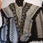 Mexican Poncho Geometric Turtle Neck Fringe Gaban Mfg Woven Gray Black One Size