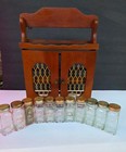 Vintage Wood Spice Rack Cabinet 12 Glass Bottles Herb Apothecary Jars
