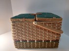 Vintage Wicker Woven Sewing Basket W handle Loaded With Accessories 10 X 8 X 8